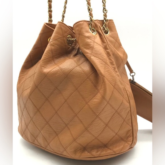 CHANEL Bicolor Lambskin Drawstring Chain Shoulder Tote Bag Brown with Pouch - Picture 2 of 10